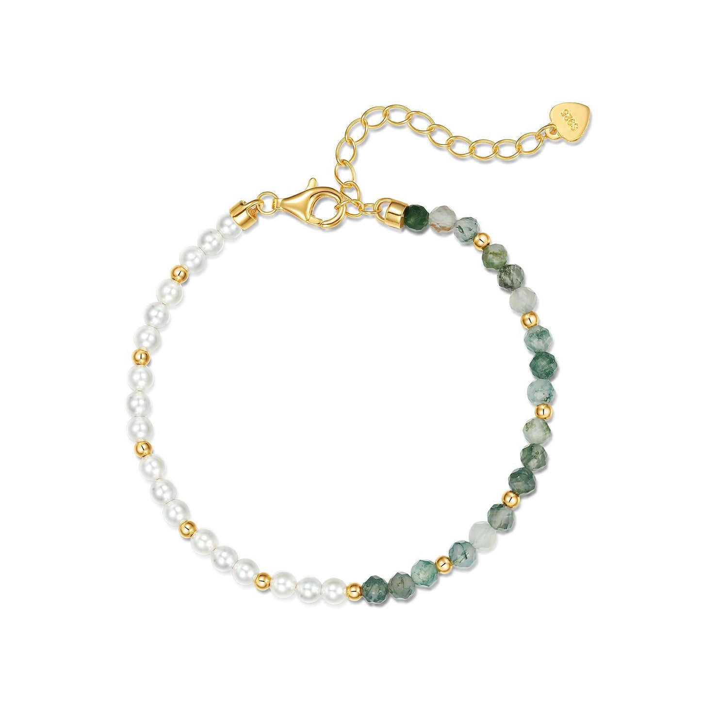 Gold - toned beaded bracelet: White pearls, green stones, gold spacers, chain extender with heart tag, white background (arranged in a circular layout).