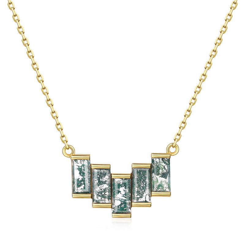 Gold - toned necklace: Geometric pendant with five rectangular moss agate stones, isolated on white.