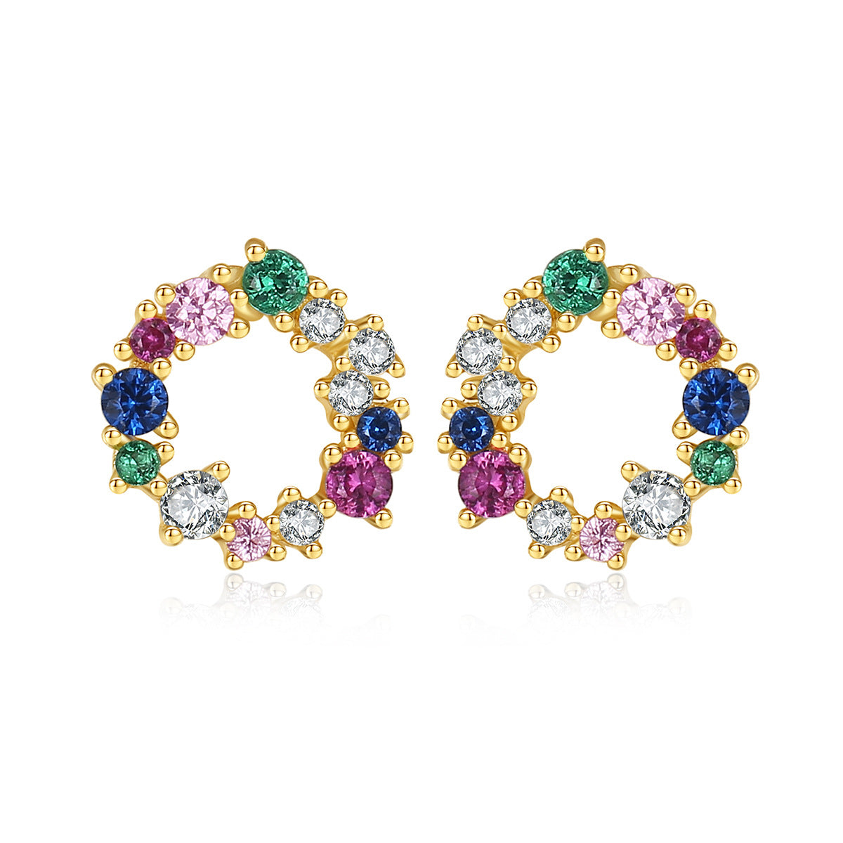 14K Gold - Plated Multicolor CZ Open Circle Studs | Nature - Inspired Rainbow Earrings