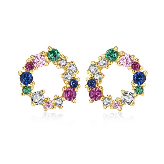 14K Gold - Plated Multicolor CZ Open Circle Studs | Nature - Inspired Rainbow Earrings