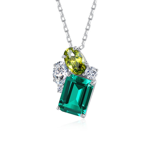 S925 silver pendant necklace with emerald - cut green CZ, oval peridot, and clear CZ accents