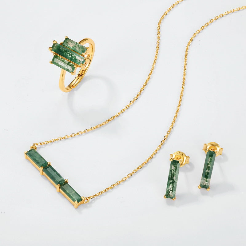 Gold - toned jewelry set: Necklace (horizontal bar pendant), 3 stone ring, and bar earrings, all with emerald cut moss agate stones