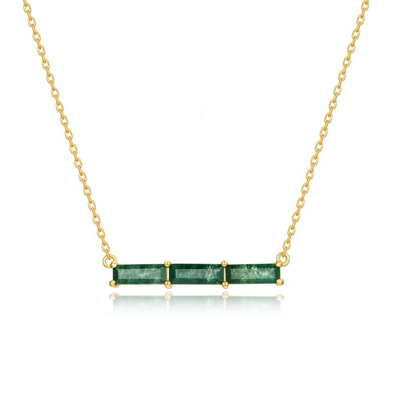 yellow gold necklace: Horizontal bar pendant with three emerald - cut moss agate stones minimalist design