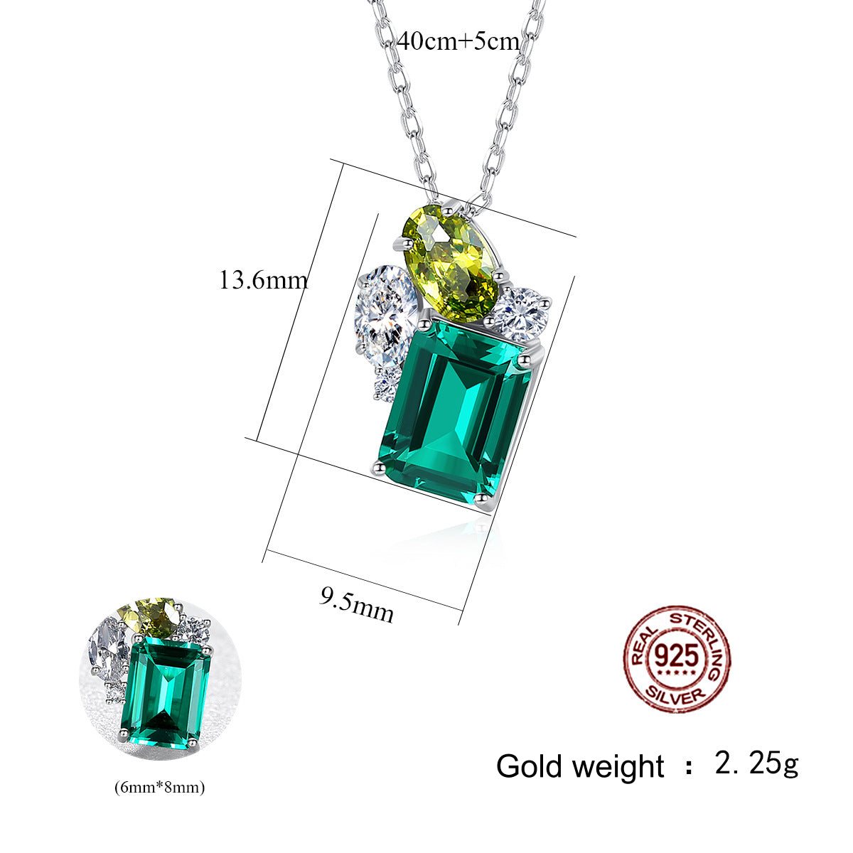 Jewelry set with green gemstones and silver chain, showing measurements and gold weight on a white background.