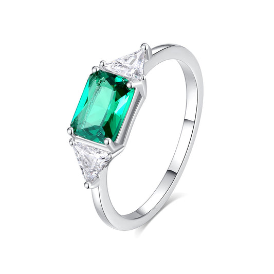 S925 silver ring with emerald-cut green CZ and trillion-cut clear CZ accents geometric tri-stone design for timeless elegance
