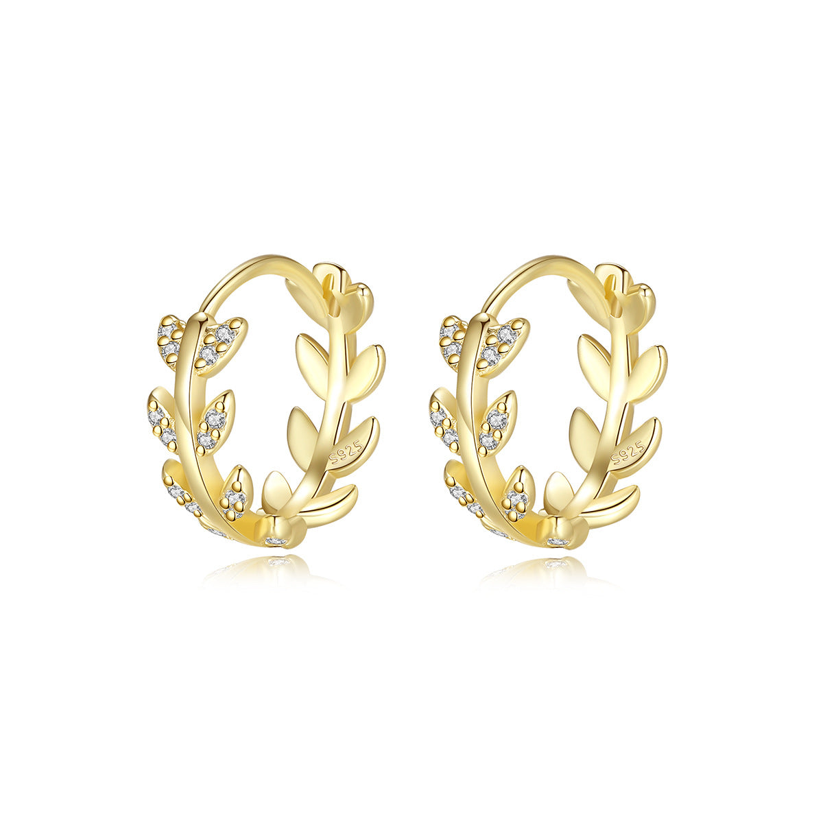 S925 silver gold-plated hoop earrings with leaf and cubic zirconia details nature-inspired design for everyday elegance