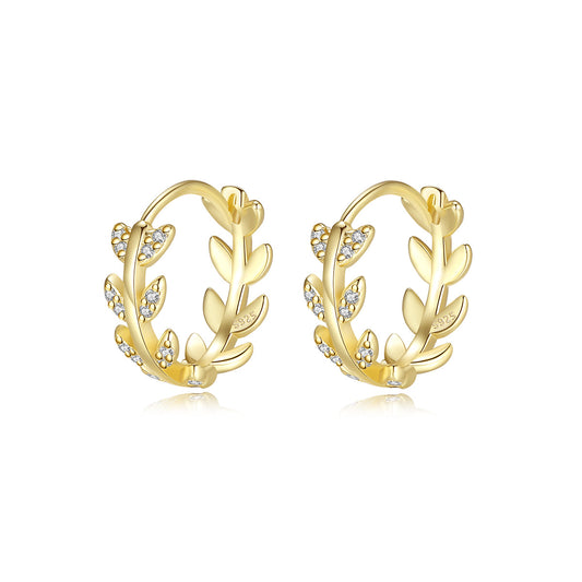 S925 silver gold-plated hoop earrings with leaf and cubic zirconia details nature-inspired design for everyday elegance