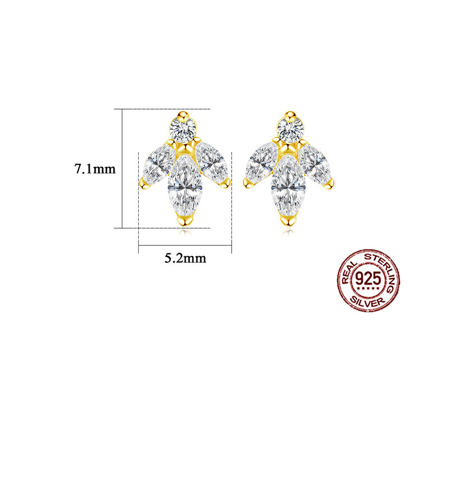Gold and silver earrings with measurements and '925 Sterling Silver' stamp on a white background
