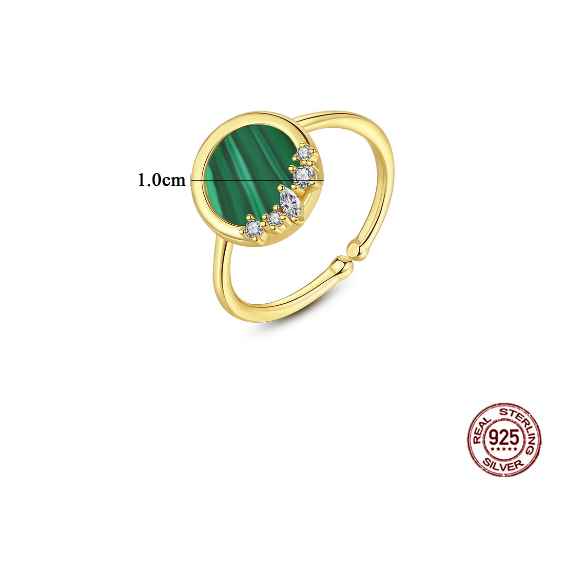 Gold ring with green stone and diamonds on a white background, featuring 'Real Sterling Silver' stamp.