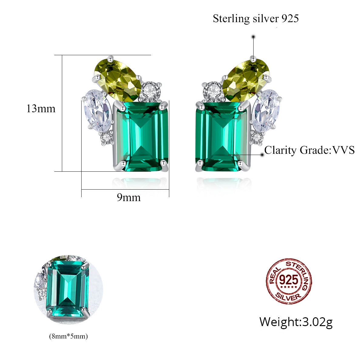 Green gemstone cluster earrings with measurements and details on a white background