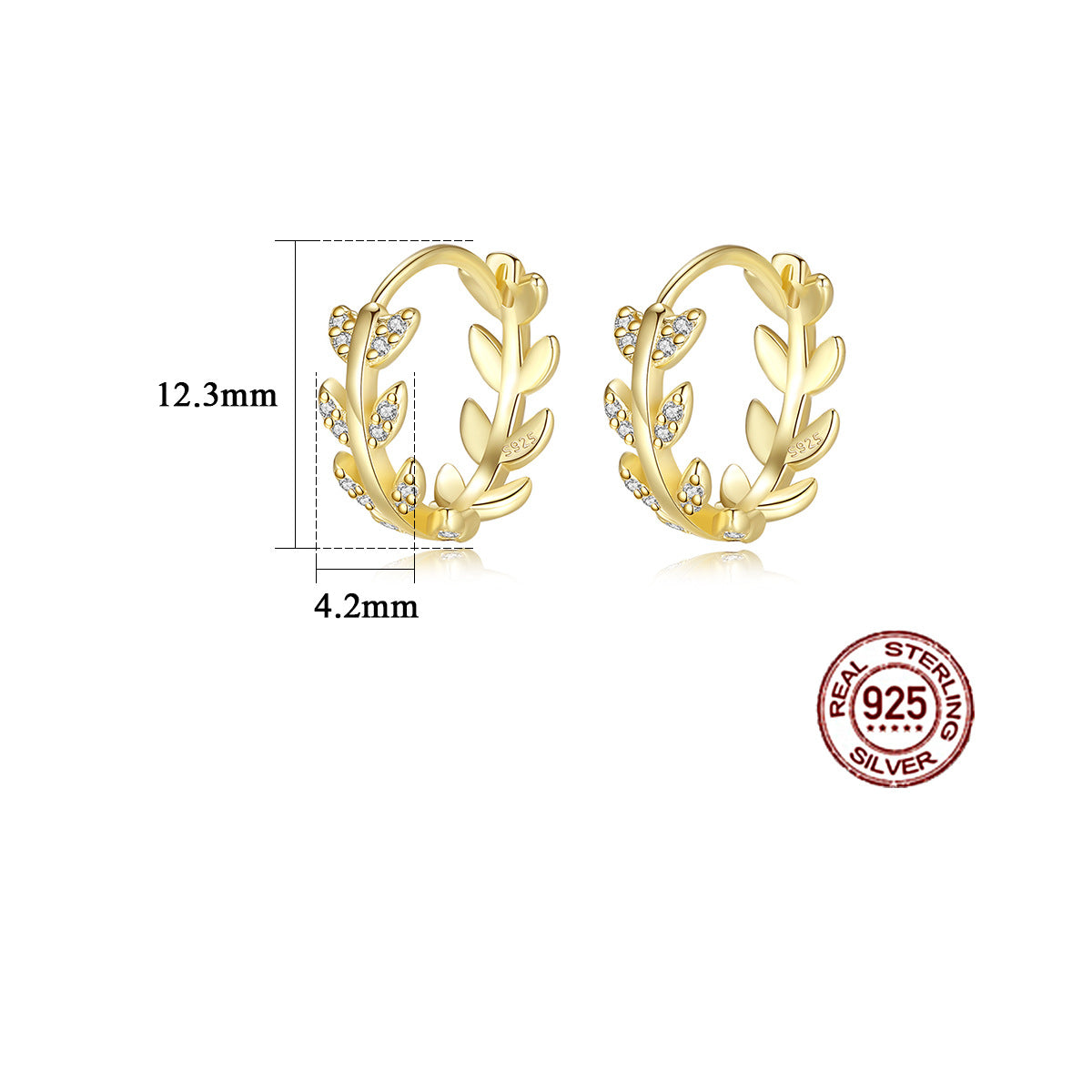 Gold hoop earrings with leaf design, measurements, and 'Real Sterling Silver 925' stamp on a white background.