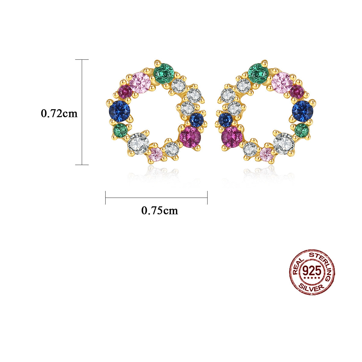 Colorful gemstone earrings with dimensions and 'Real Sterling Silver 925' stamp on a white background