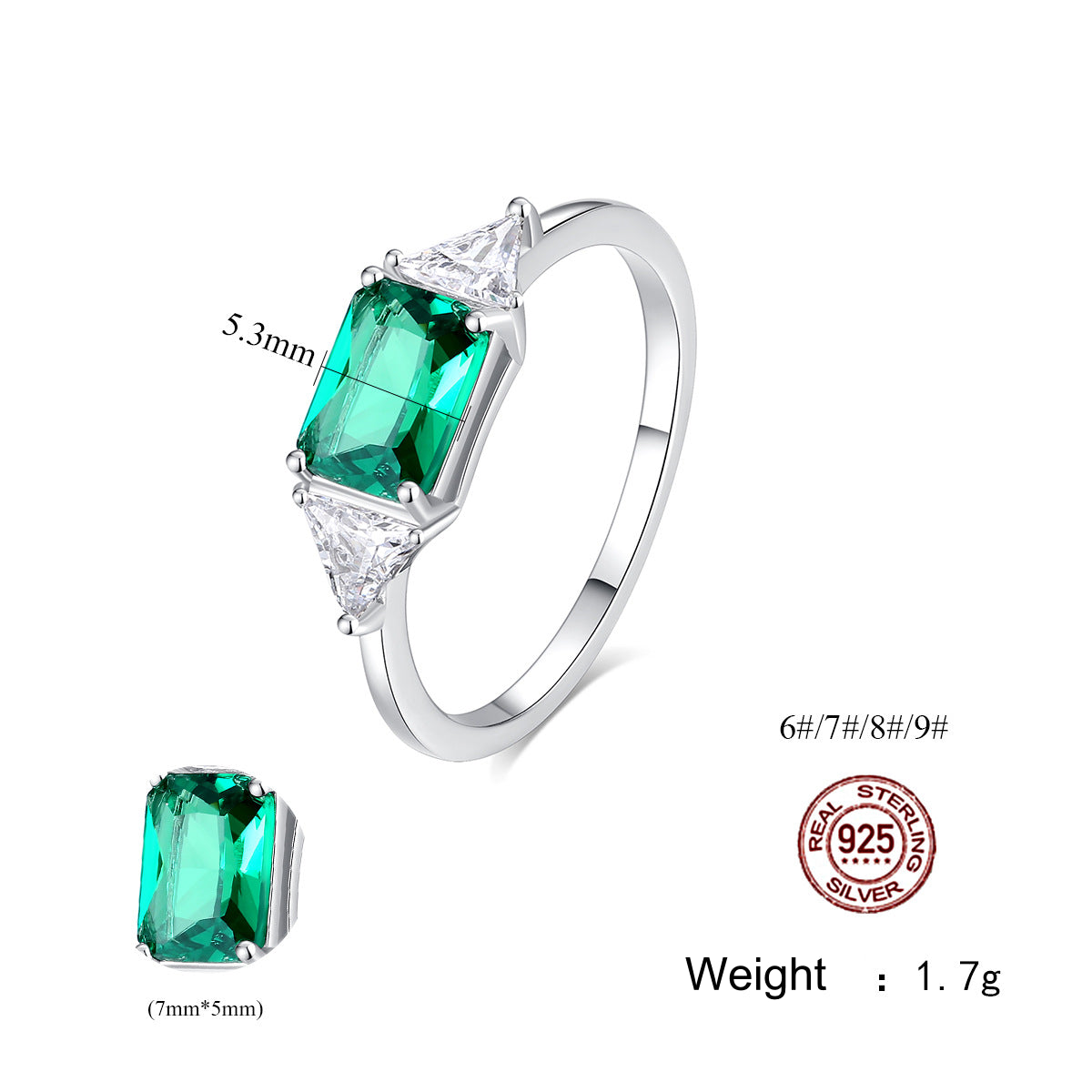 Silver ring with green gemstone and diamond accents on a white background