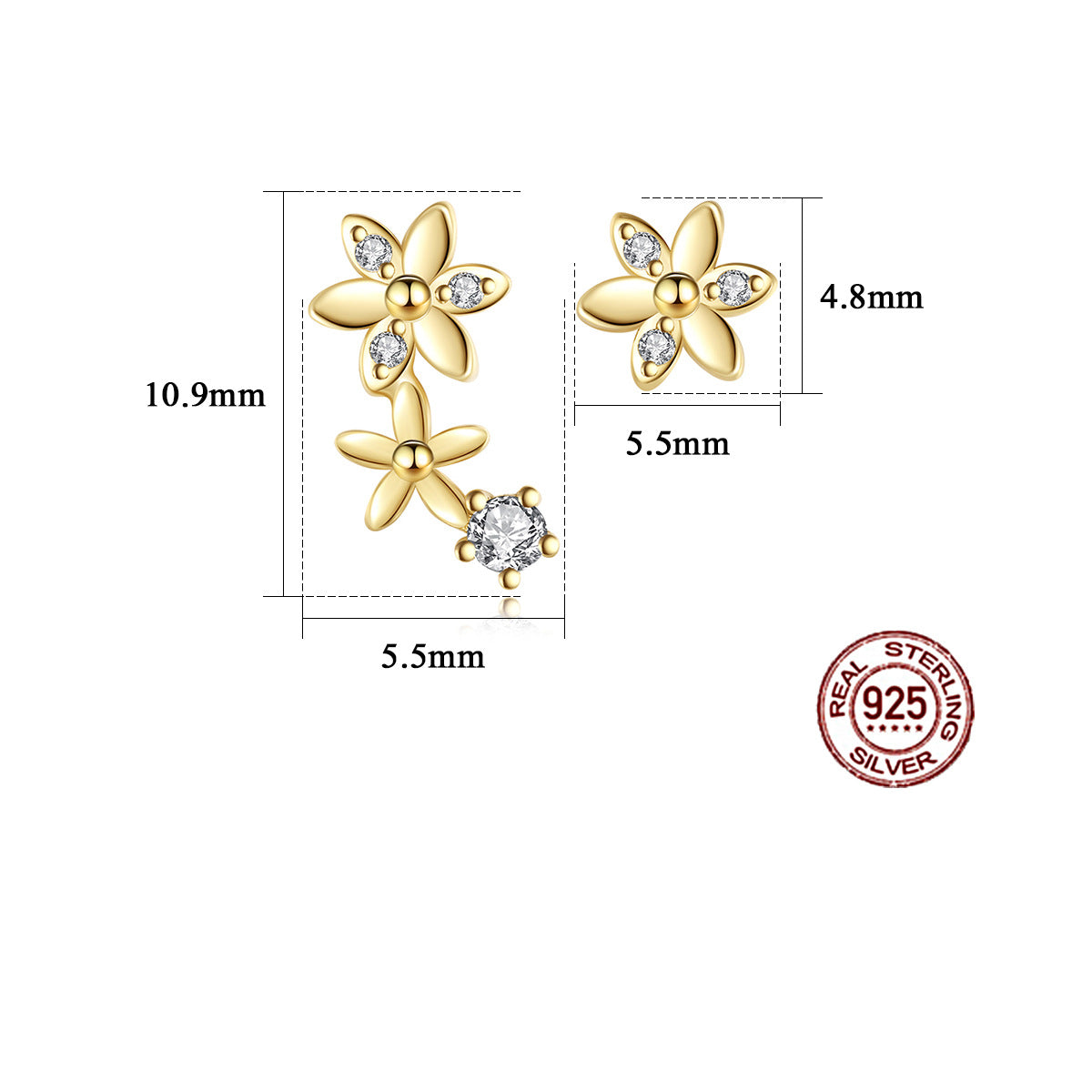 Gold flower-shaped earrings with clear stones, shown with measurements and a 'Real Sterling Silver' stamp.