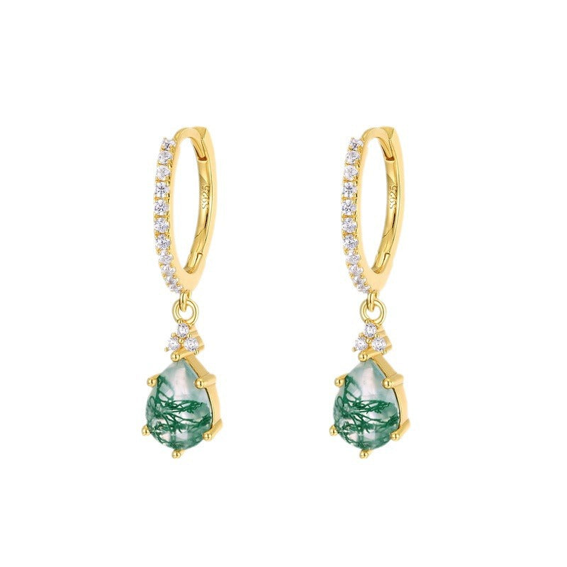 Pair of gold hoop earrings: Teardrop moss agate pendants, crystal - encrusted bands, isolated on white.