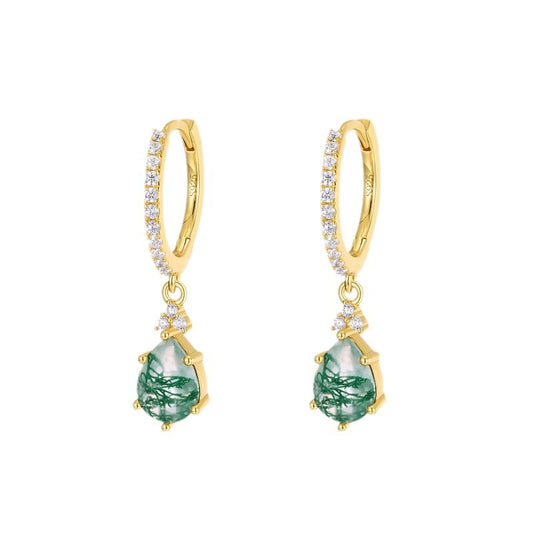 Pair of gold hoop earrings: Teardrop moss agate pendants, crystal - encrusted bands, isolated on white.