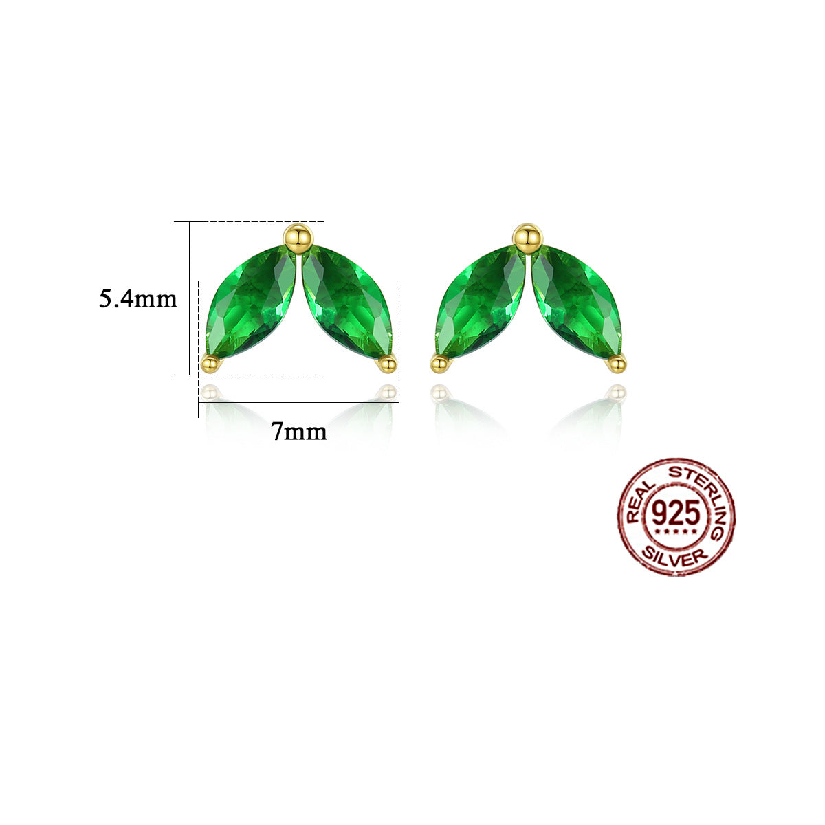 Green gemstone earrings with gold accents and size measurement on a white background, featuring a 'Real Sterling Silver 925' stamp.
