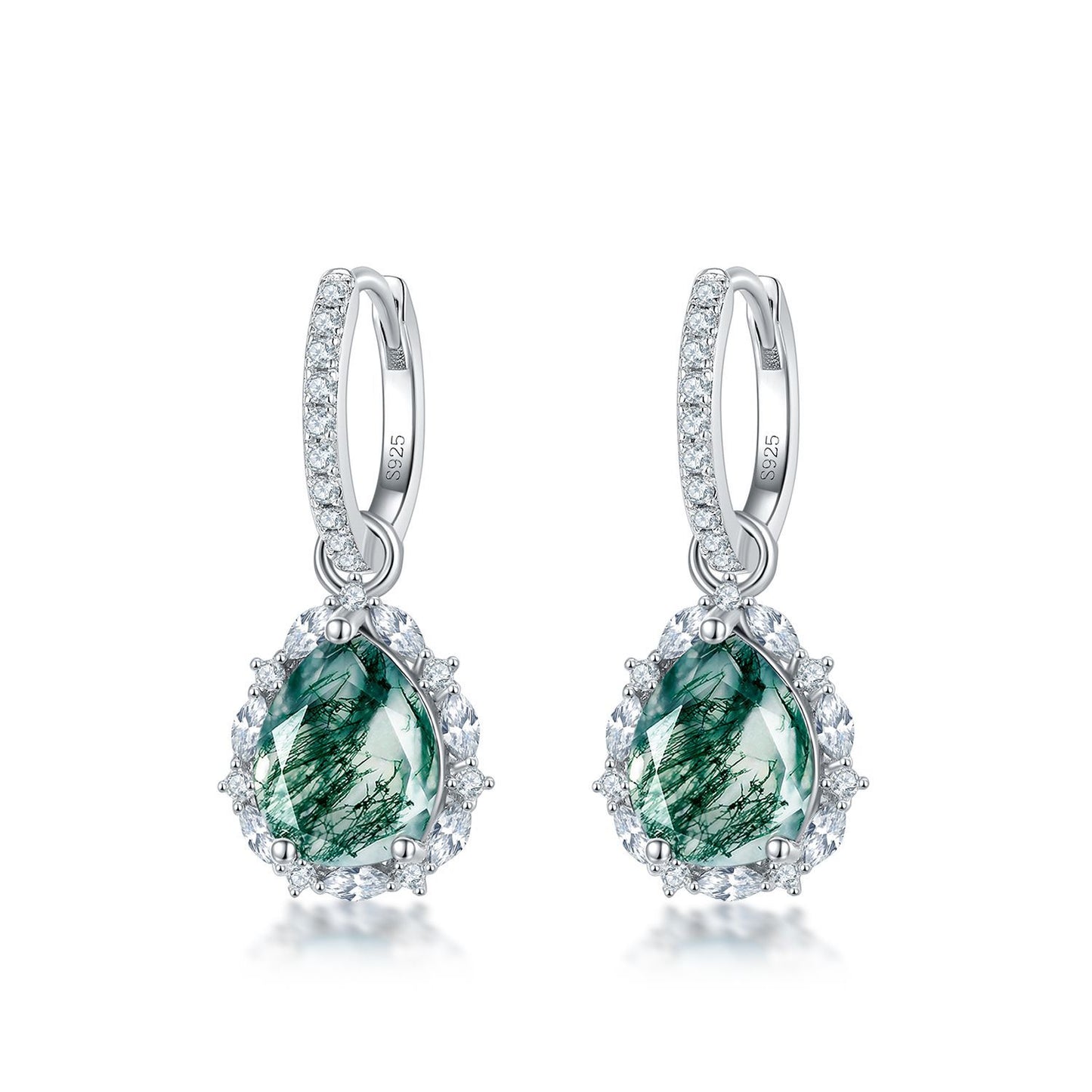 925 Sterling Silver Huggie Hoop Earrings with Teardrop Moss Agate, Encircled by Cubic Zirconia Halo, Showcasing Natural Green Veining.