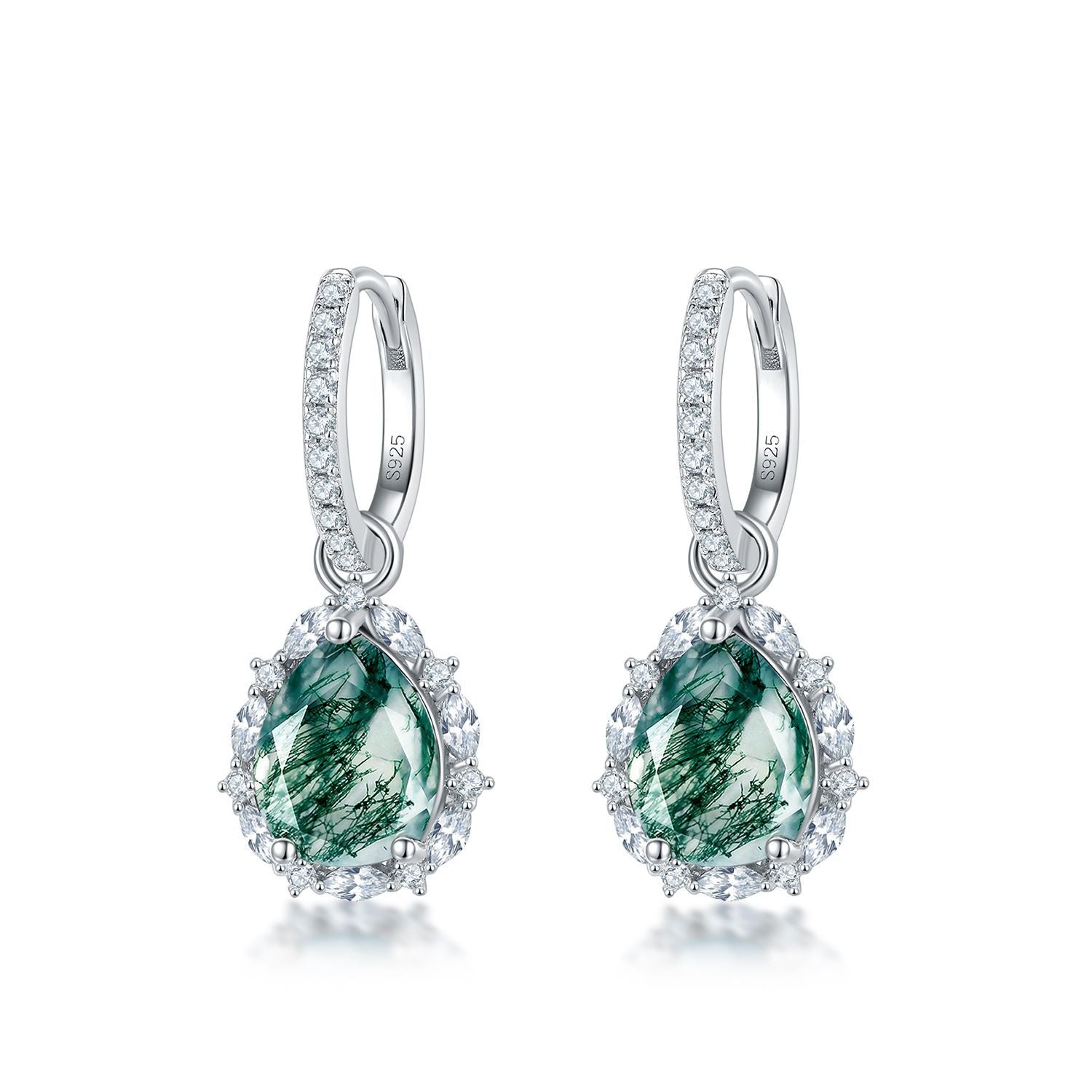 925 Sterling Silver Huggie Hoop Earrings with Teardrop Moss Agate, Encircled by Cubic Zirconia Halo, Showcasing Natural Green Veining.