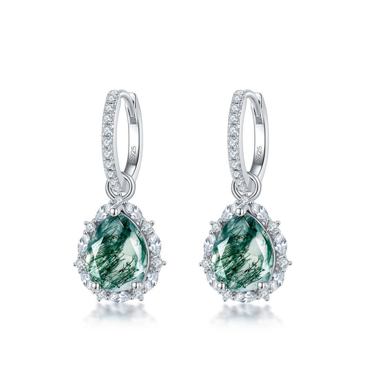 925 Sterling Silver Huggie Hoop Earrings with Teardrop Moss Agate, Encircled by Cubic Zirconia Halo, Showcasing Natural Green Veining.