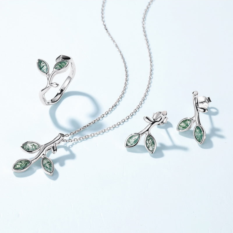 Silver jewelry set: Necklace, ring & earrings, all branch - leaf + moss agate, light blue unifies the fresh style.