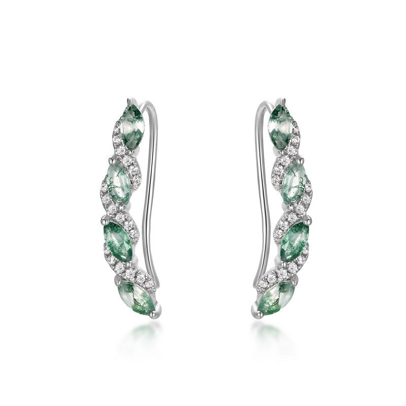 925 Sterling Silver Leaf - Climber Earrings with Moss Agate and Cubic Zirconia, Showcasing Natural Green Veins in Marquise - Cut Gems