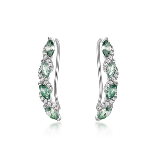 925 Sterling Silver Leaf - Climber Earrings with Moss Agate and Cubic Zirconia, Showcasing Natural Green Veins in Marquise - Cut Gems