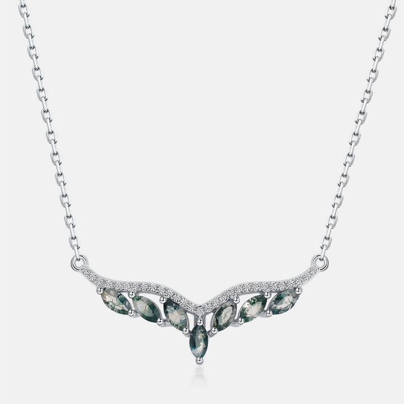 Silver - toned necklace: V - shaped pendant with marquise moss agate stones, crystal accents, crown design