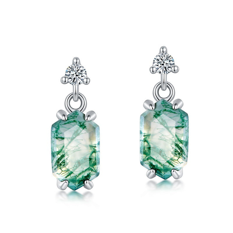 Silver - set earrings: Octagonal moss agate pendants, cubic zirconia tops, isolated on white with shadow