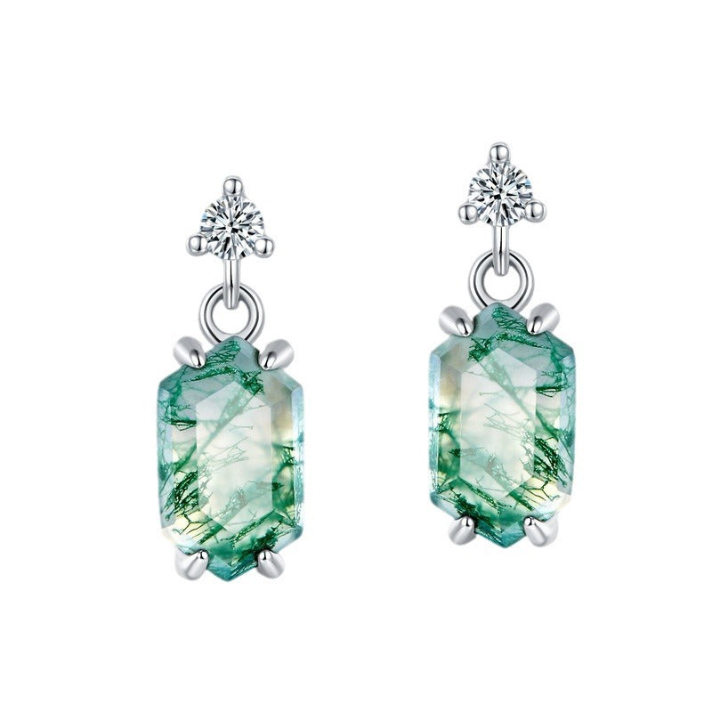 Silver drop earrings with octagonal moss agate, topped by cubic zirconia, elegant for daily wear