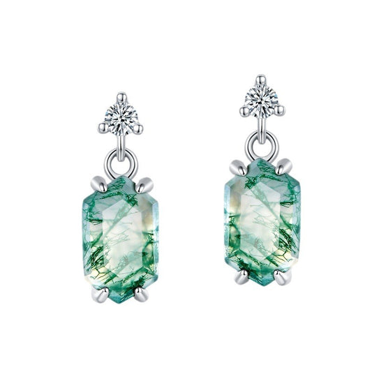 Silver drop earrings with octagonal moss agate, topped by cubic zirconia, elegant for daily wear