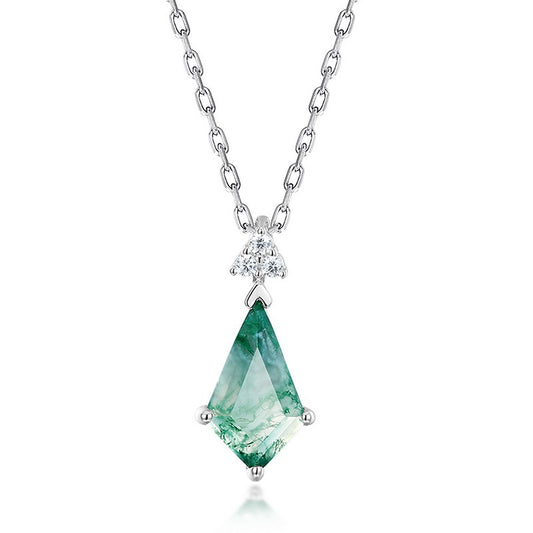 Silver necklace: Irregular moss agate pendant, cubic zirconia cluster top, isolated on white