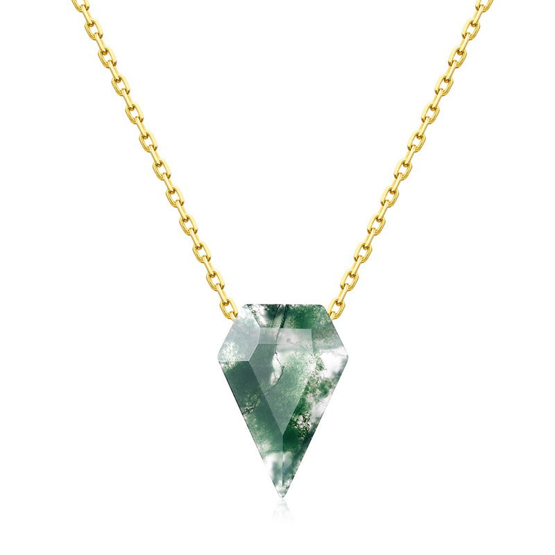 Gold - toned necklace: Teardrop - shaped moss agate pendant, isolated on gray.