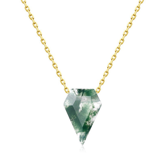 Gold - toned necklace: Teardrop - shaped moss agate pendant, isolated on gray.