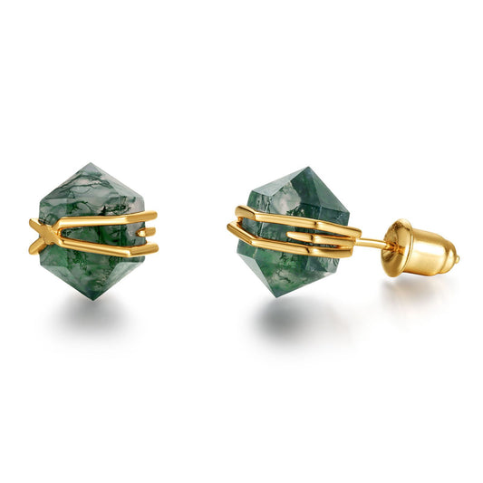 Gold - toned stud earrings: Hexagonal moss agate stones, geometric metal settings, isolated on a light gray background.