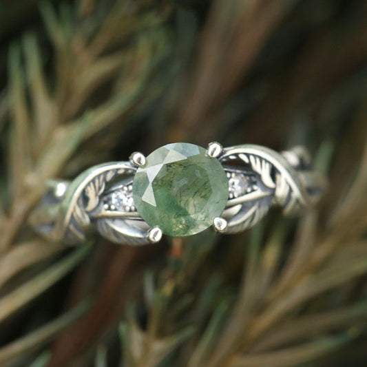 Moss agate twist leaf ring