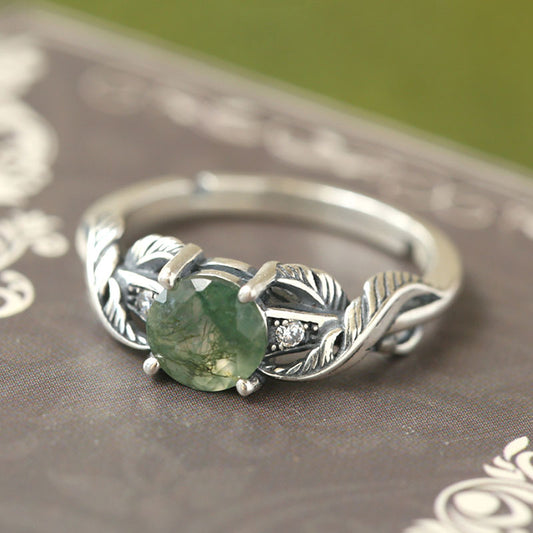 Moss agate twist leaf ring
