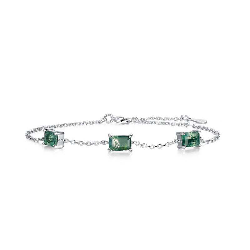 Silver bracelet with three rectangular moss agate stones, simple chain design, suitable for daily wear