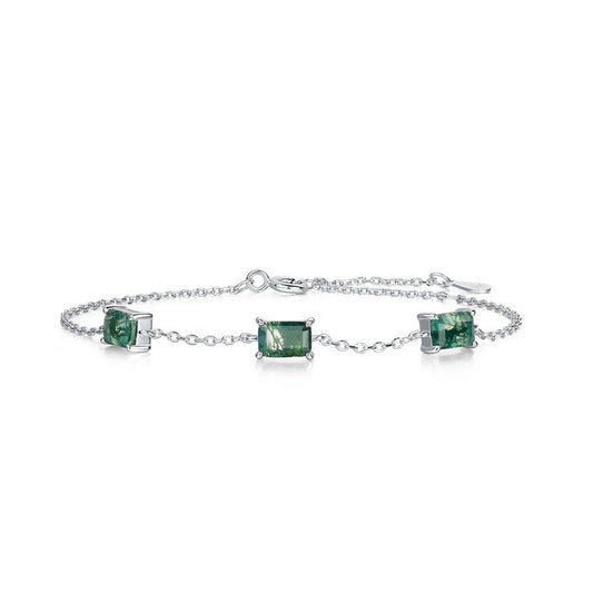 Silver bracelet with three rectangular moss agate stones, simple chain design, suitable for daily wear