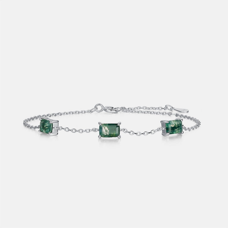 Sterling Silver bracelet with three rectangular moss agate stones, simple chain design, suitable for daily wearοΌ with adjust extender