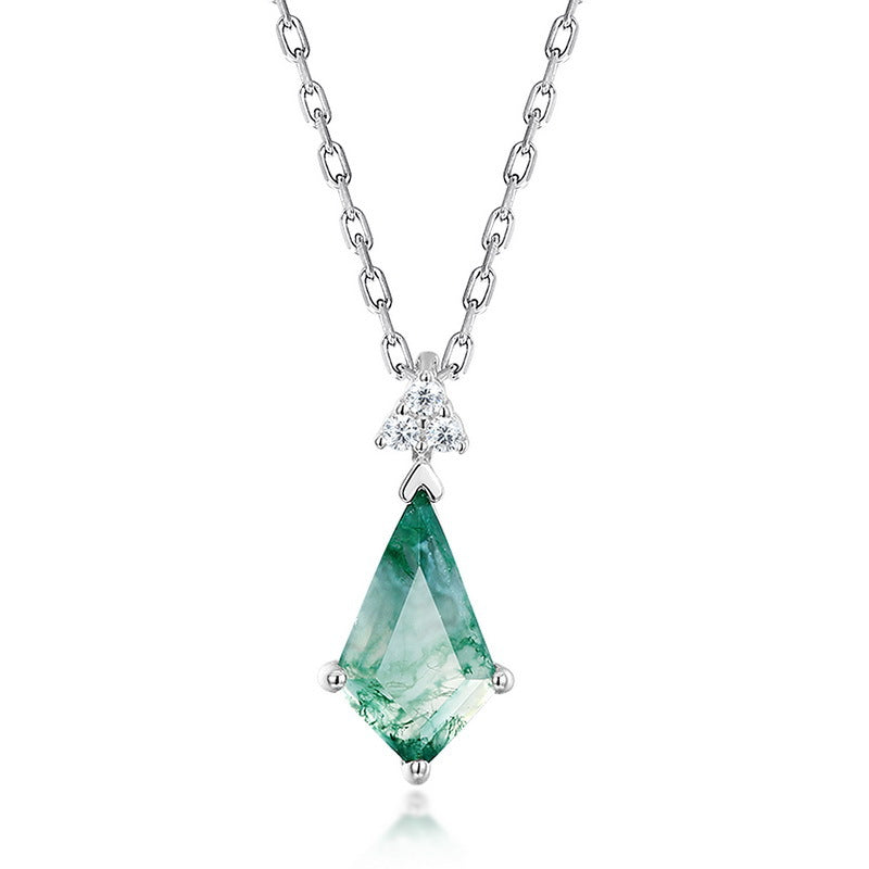 Silver necklace: Irregular moss agate pendant, cubic zirconia cluster top, isolated on white