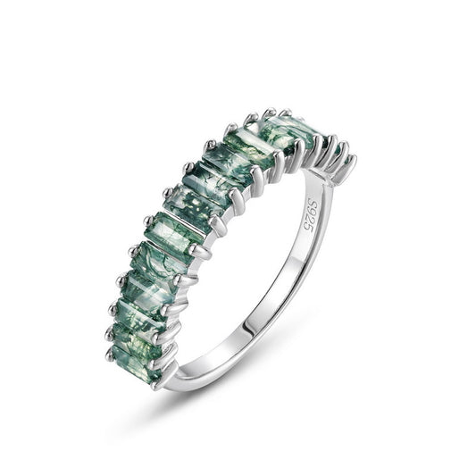 Silver ring: Rectangular moss agate eternity - style, isolated on white, marked with “S925” indicating sterling silver material.
