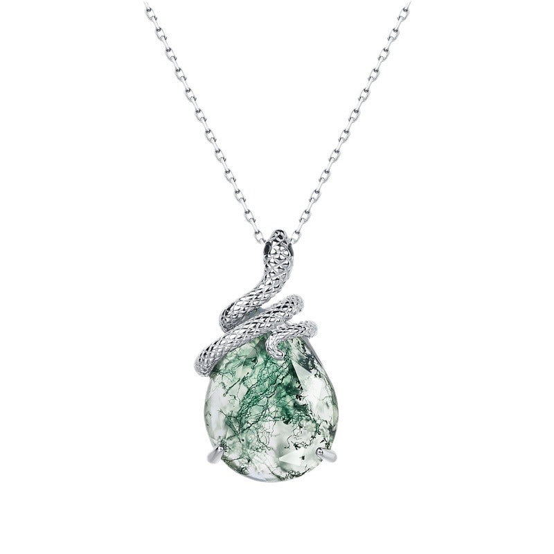 Silver chain necklace featuring teardrop moss agate pendant, snake - coiled metalwork, minimalist white - background showcase