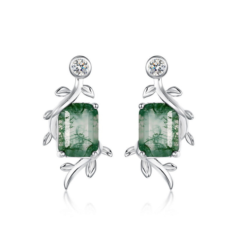 Silver earrings: Rectangular moss agate center, cubic zirconia top, leaf - wrapped setting, isolated on white, showcasing fine craftsmanship