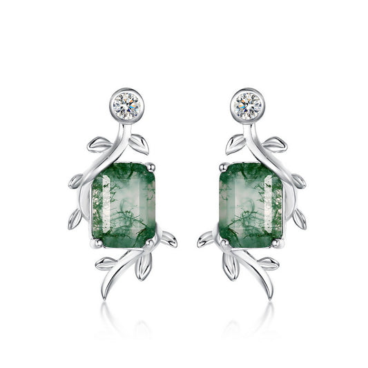 Silver earrings: Rectangular moss agate center, cubic zirconia top, leaf - wrapped setting, isolated on white, showcasing fine craftsmanship