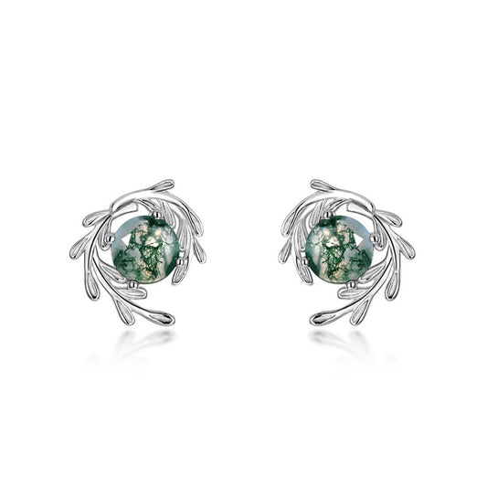 Silver - toned earrings: Leafy branch design with round moss agate stones, isolated on white.