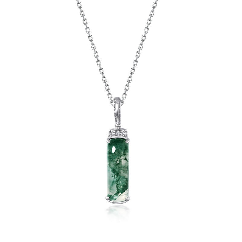 Silver necklace: Rectangular moss agate pendant, cubic zirconia - set top, isolated on white with shadow