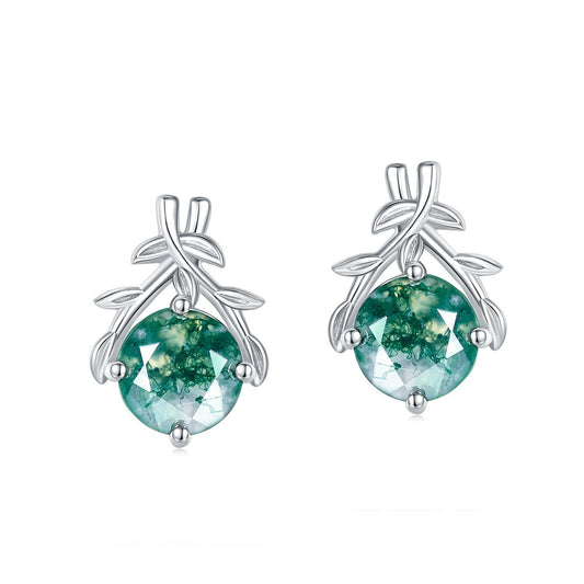 Silver earrings: Round moss agate with leaf - branch design, isolated on white.