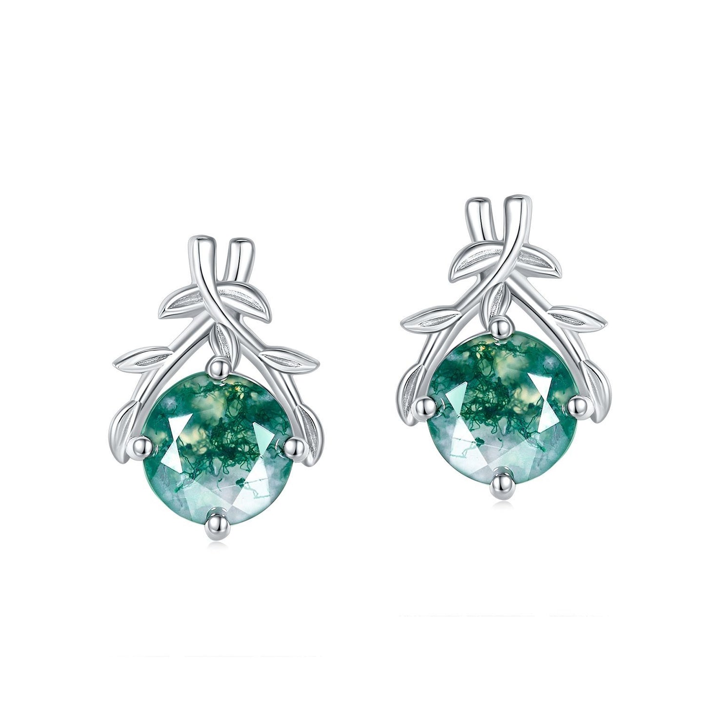Silver earrings: Round moss agate with leaf - branch design, isolated on white.