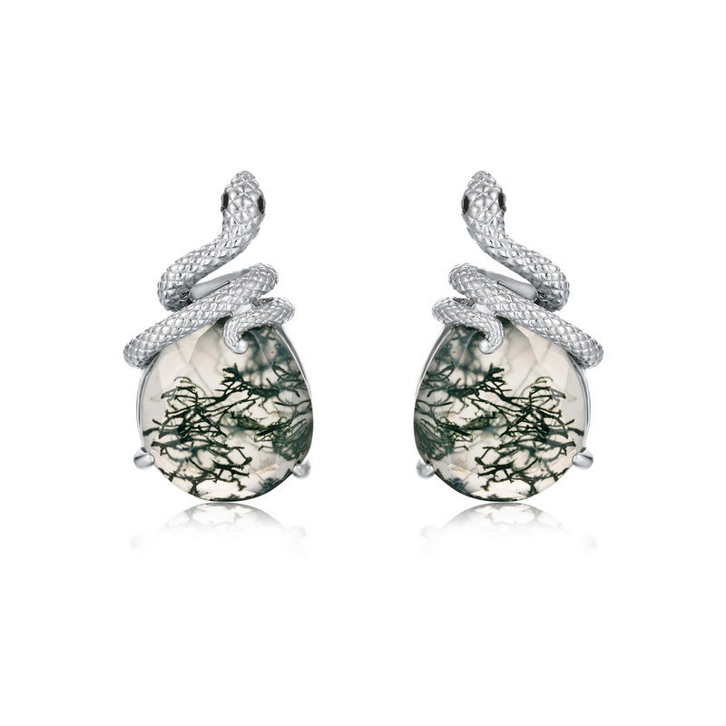 Vintage silver snake - shaped earrings with natural moss - agate gemstones, featuring intricate serpent wrapping and unique green inclusions.